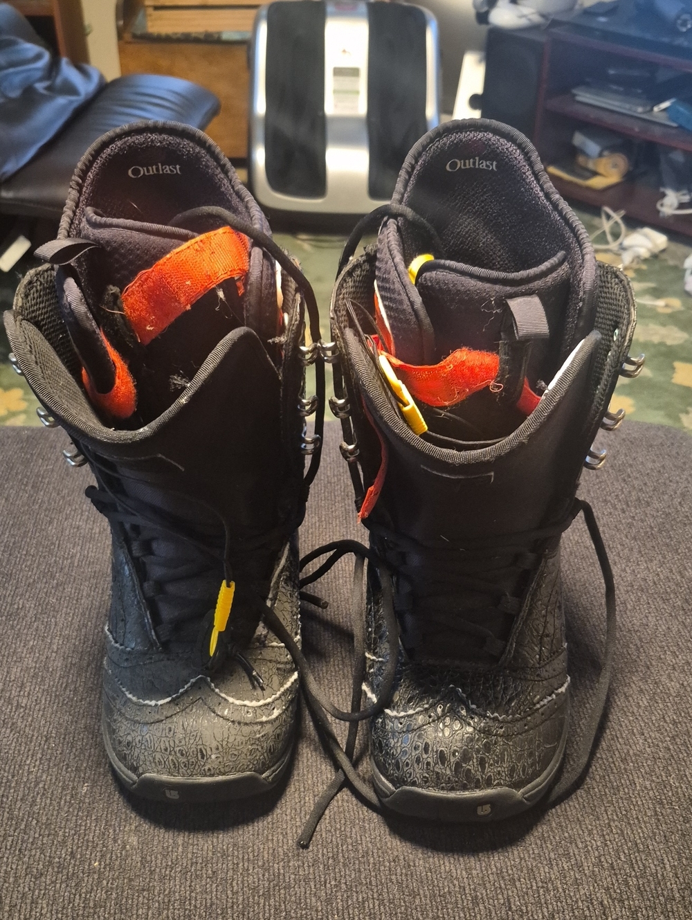 Burton Men's Black Snowboard Boots with Orange and Yellow Accents